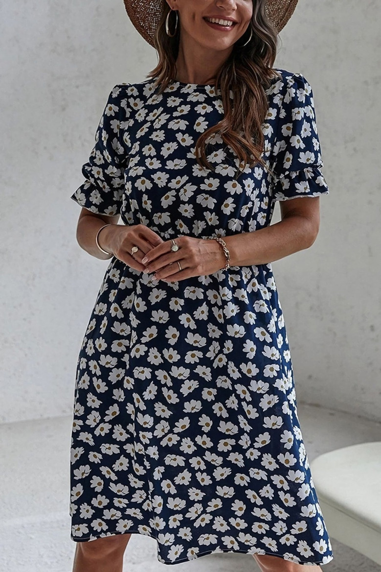 Summer New Stylish Inelastic Daisy Batch Printing Short Sleeves Casual Midi Dress
