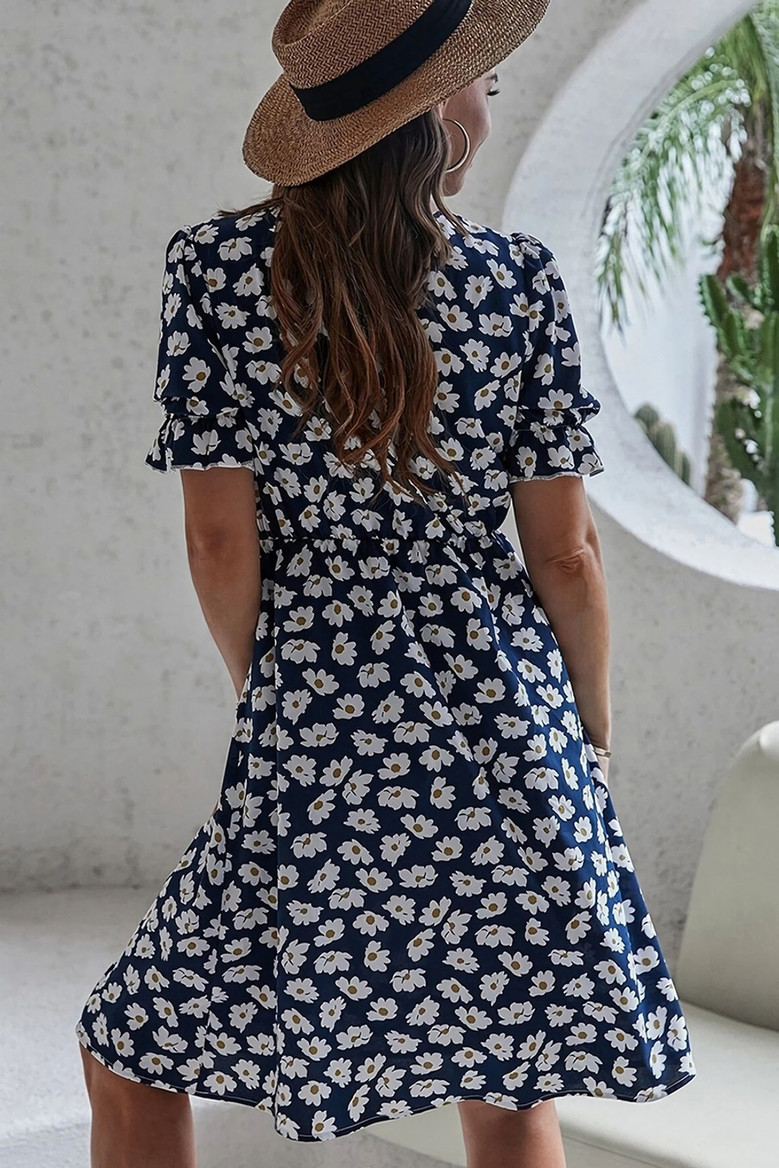 Summer New Stylish Inelastic Daisy Batch Printing Short Sleeves Casual Midi Dress