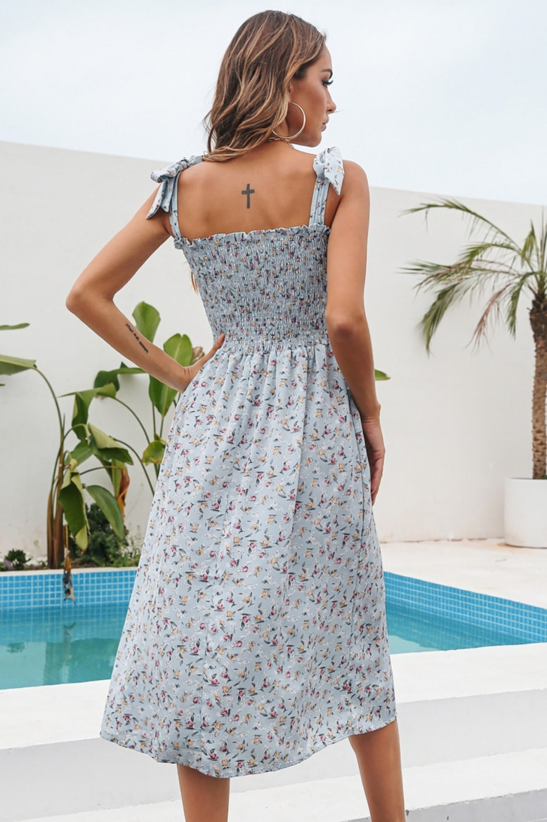 Summer New Stylish Inelastic Floral Batch Printing Lace-Up Sling Casual Midi Dress