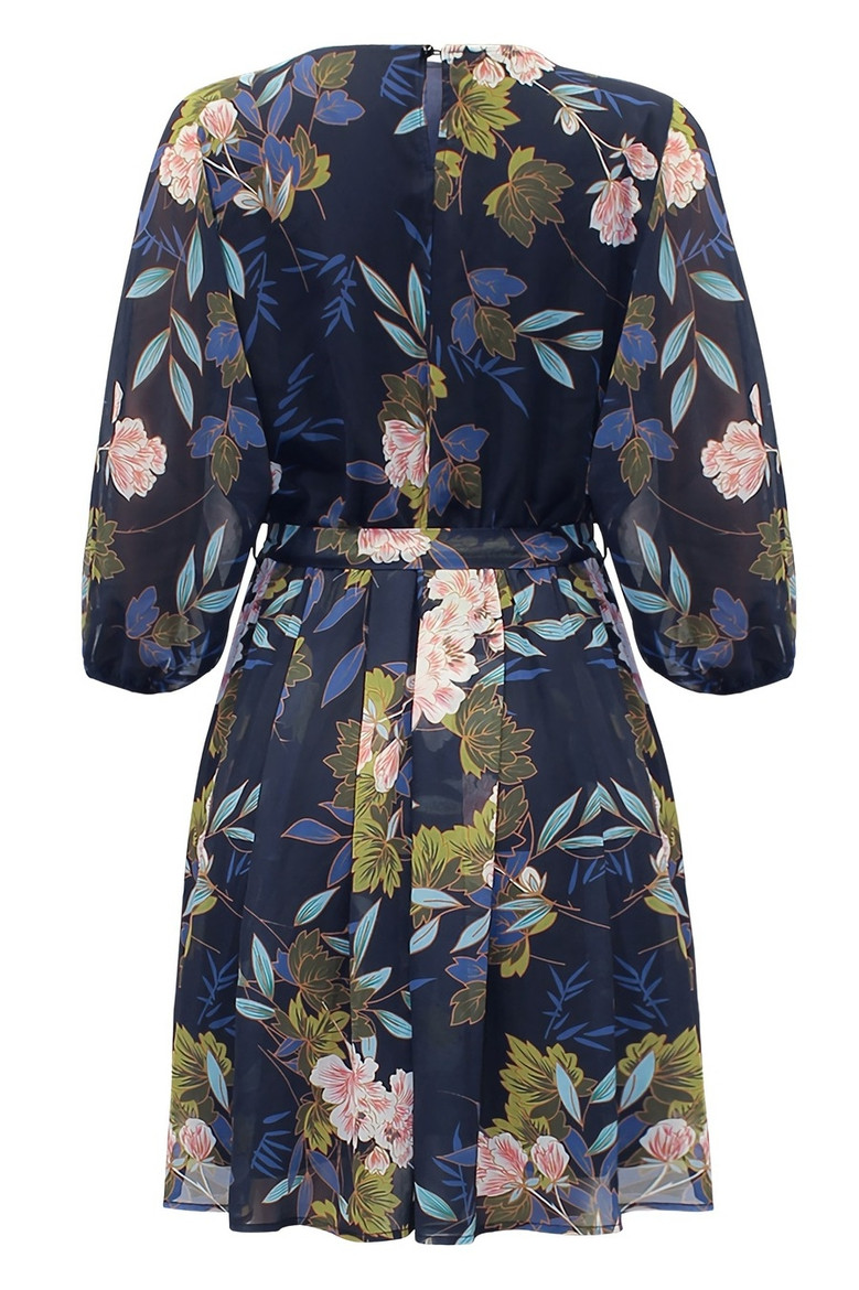 Summer New Stylish Inelastic Floral Batch Printing Plus Size Three-Quarter Sleeves Casual Mini Dress(With Belt,With Lining)
