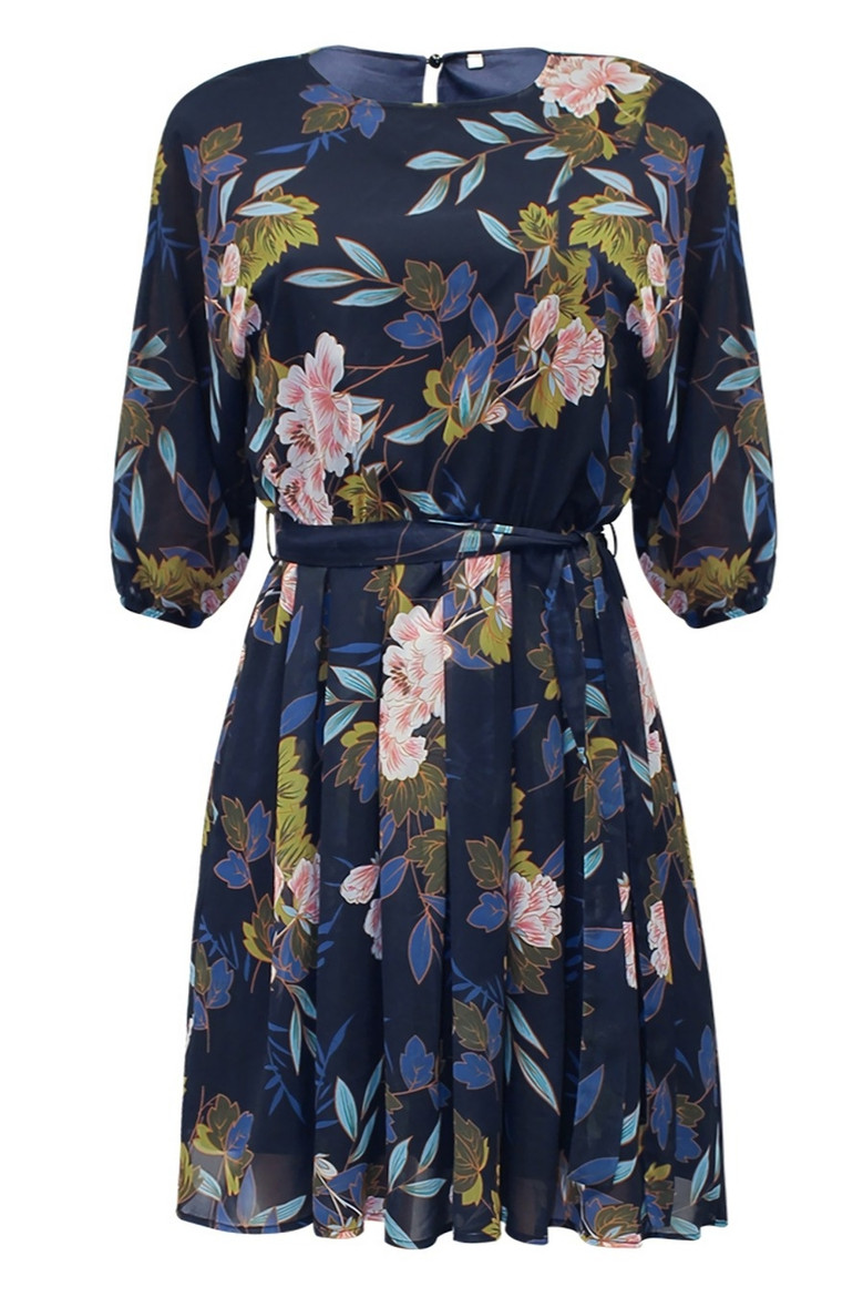 Summer New Stylish Inelastic Floral Batch Printing Plus Size Three-Quarter Sleeves Casual Mini Dress(With Belt,With Lining)