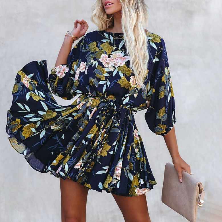 Summer New Stylish Inelastic Floral Batch Printing Plus Size Three-Quarter Sleeves Casual Mini Dress(With Belt,With Lining)