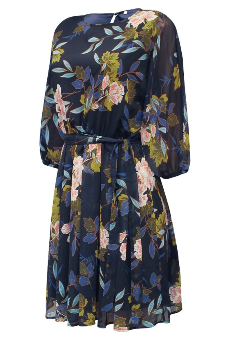 Summer New Stylish Inelastic Floral Batch Printing Plus Size Three-Quarter Sleeves Casual Mini Dress(With Belt,With Lining)