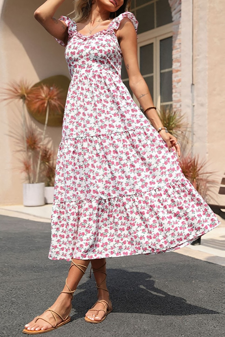 Summer New Stylish Inelastic Floral Batch Printing Ruffle Backless Lace-Up Sexy Midi Dress