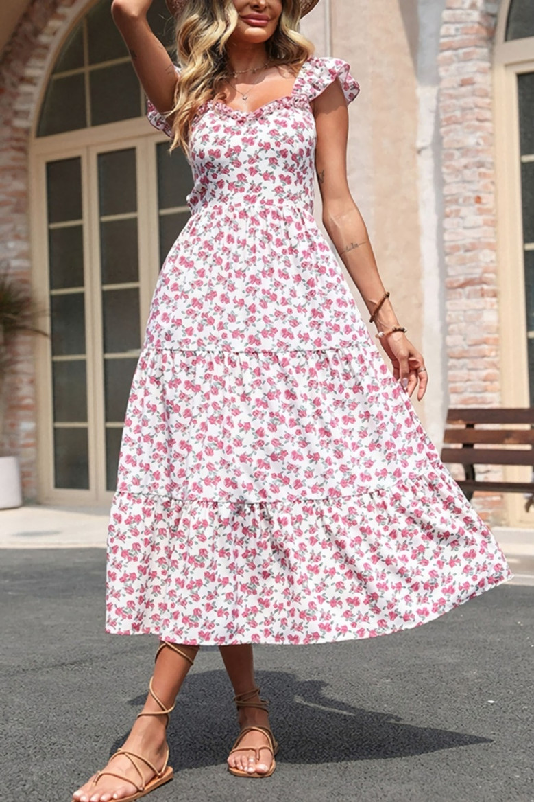 Summer New Stylish Inelastic Floral Batch Printing Ruffle Backless Lace-Up Sexy Midi Dress