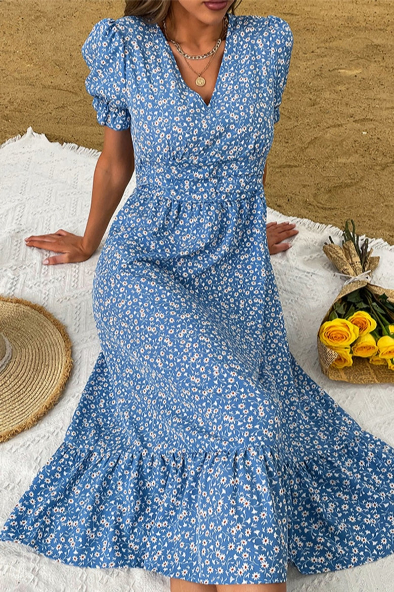 Summer New Stylish Inelastic Floral Batch Printing Short Sleeves V-Neck Ruffle Button Casual Midi Dress