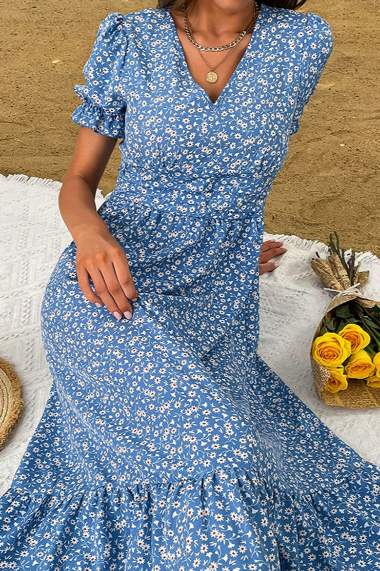 Summer New Stylish Inelastic Floral Batch Printing Short Sleeves V-Neck Ruffle Button Casual Midi Dress