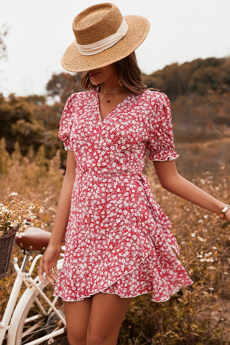 Summer New Stylish Inelastic Floral Batch Printing V-Neck Frill Crimped Lace-Up Casual Mini Dress