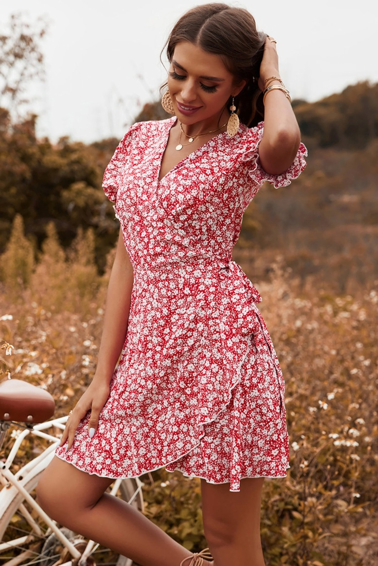 Summer New Stylish Inelastic Floral Batch Printing V-Neck Frill Crimped Lace-Up Casual Mini Dress