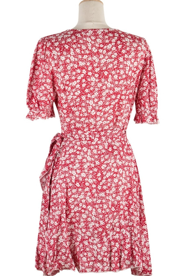 Summer New Stylish Inelastic Floral Batch Printing V-Neck Frill Crimped Lace-Up Casual Mini Dress
