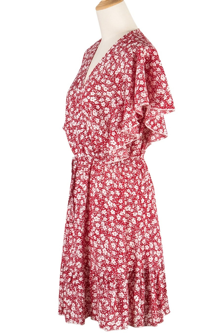 Summer New Stylish Inelastic Floral Batch Printing V-Neck Ruffle Casual Mini Dress