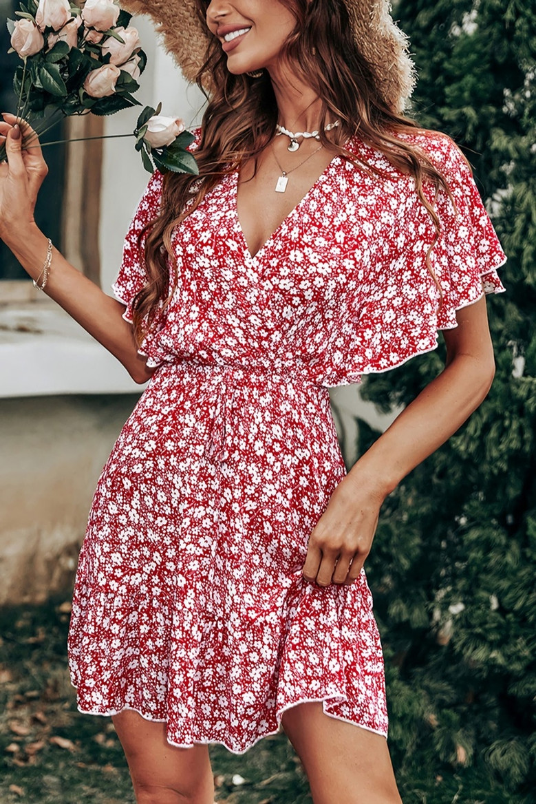 Summer New Stylish Inelastic Floral Batch Printing V-Neck Ruffle Casual Mini Dress