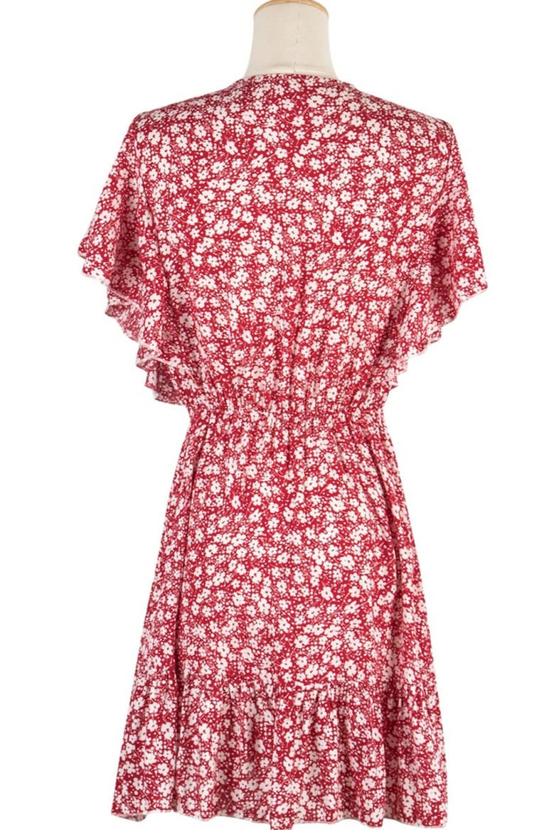 Summer New Stylish Inelastic Floral Batch Printing V-Neck Ruffle Casual Mini Dress