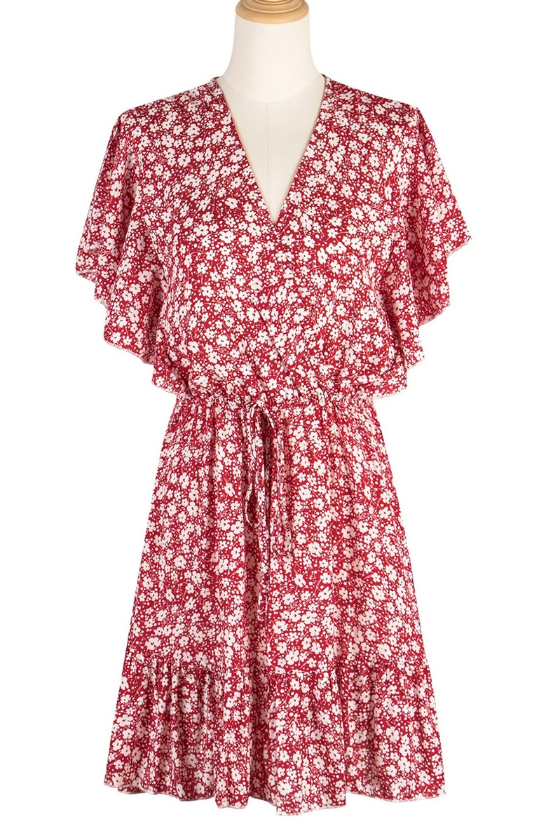 Summer New Stylish Inelastic Floral Batch Printing V-Neck Ruffle Casual Mini Dress