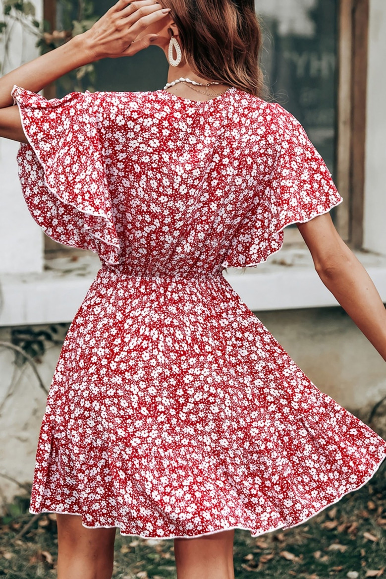 Summer New Stylish Inelastic Floral Batch Printing V-Neck Ruffle Casual Mini Dress