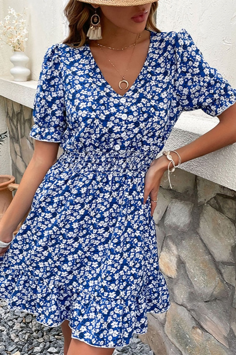 Summer New Stylish Inelastic Floral Batch Printing V-Neck Short Sleeves Casual Mini Dress