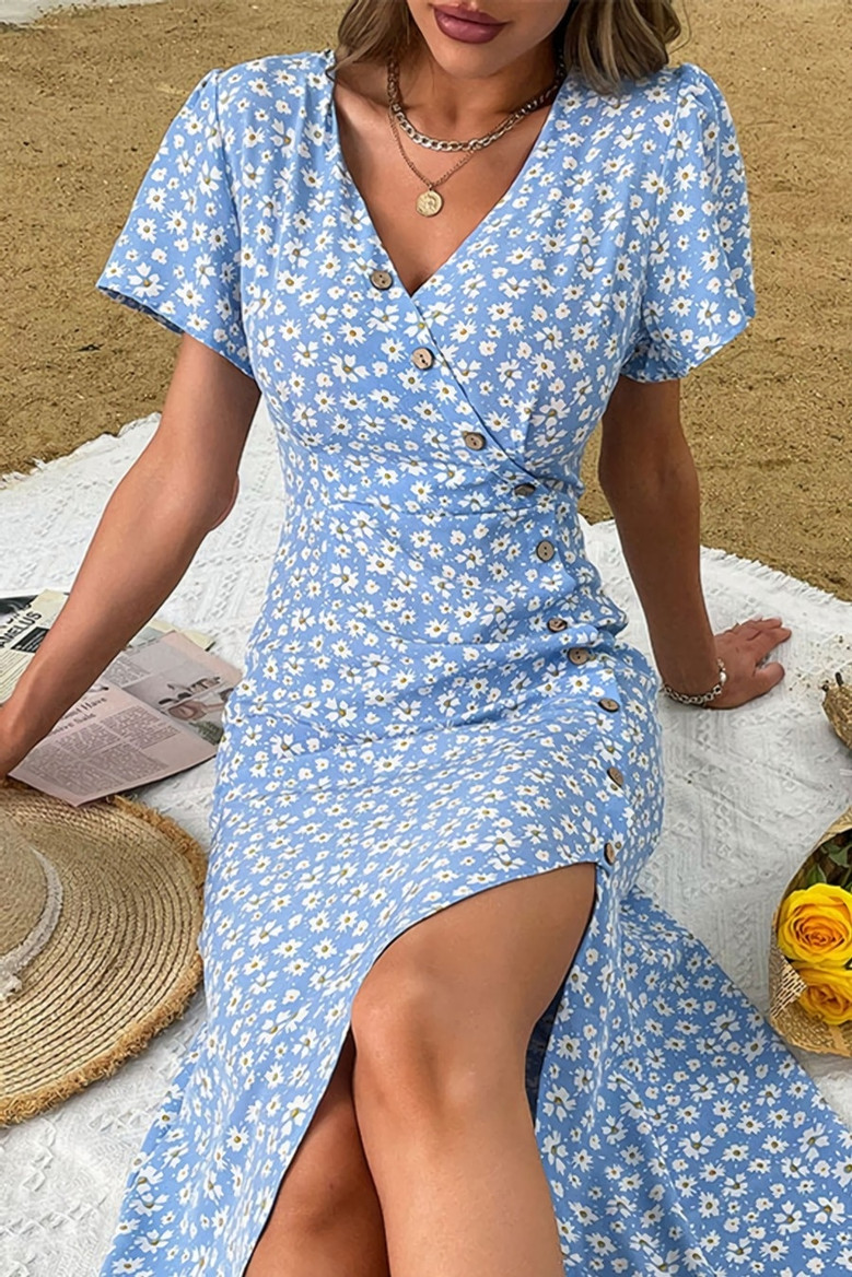 Summer New Stylish Inelastic Floral Batch Printing V-Neck Single-Breasted Back Zip-Up Split Casual Midi Dress