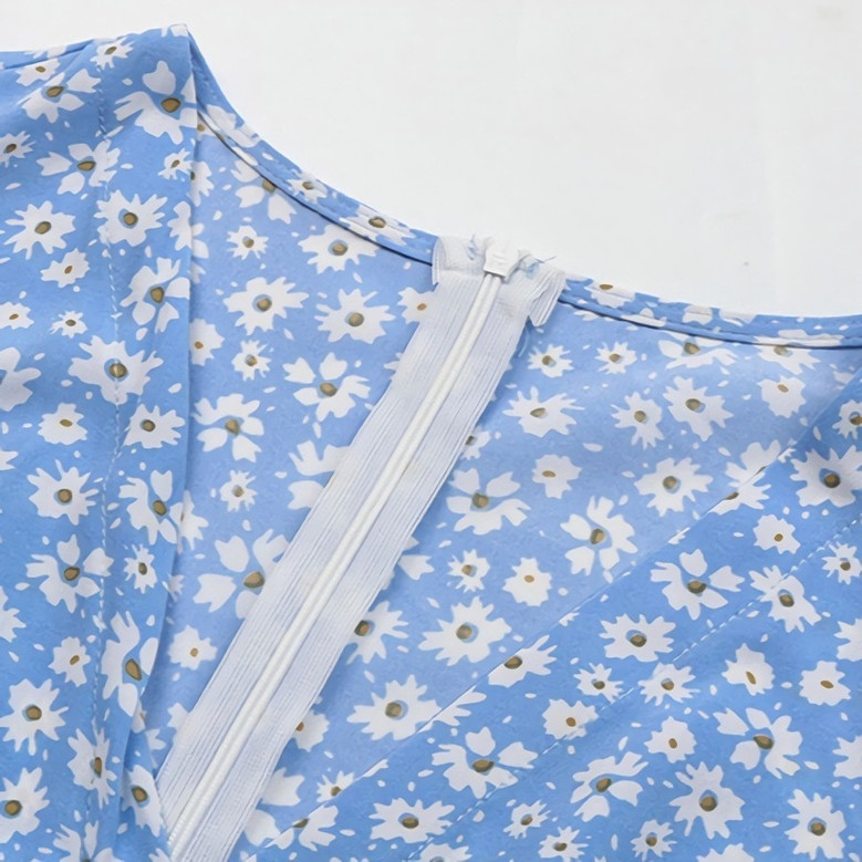 Summer New Stylish Inelastic Floral Batch Printing V-Neck Single-Breasted Back Zip-Up Split Casual Midi Dress