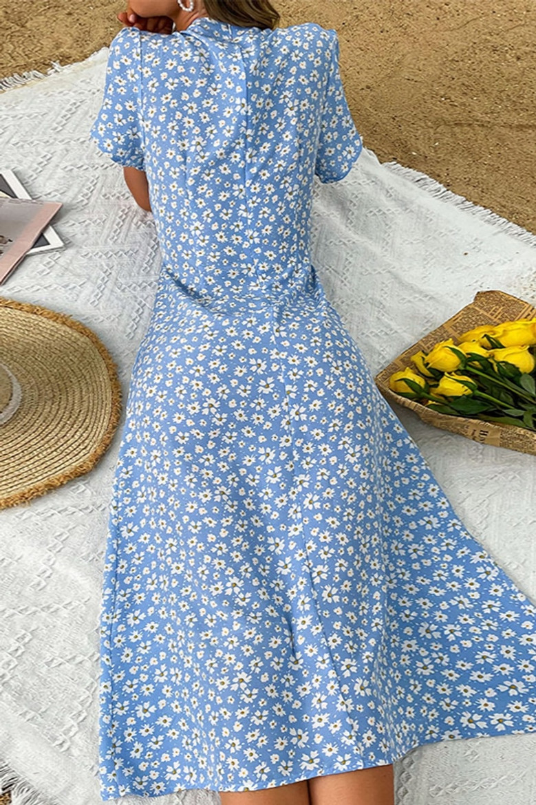 Summer New Stylish Inelastic Floral Batch Printing V-Neck Single-Breasted Back Zip-Up Split Casual Midi Dress