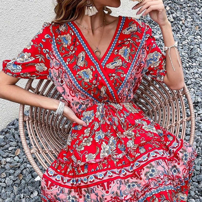 Summer New Stylish Inelastic Flower Batch Printing Lace-Up V-Neck Short Sleeves Casual Mini Dress