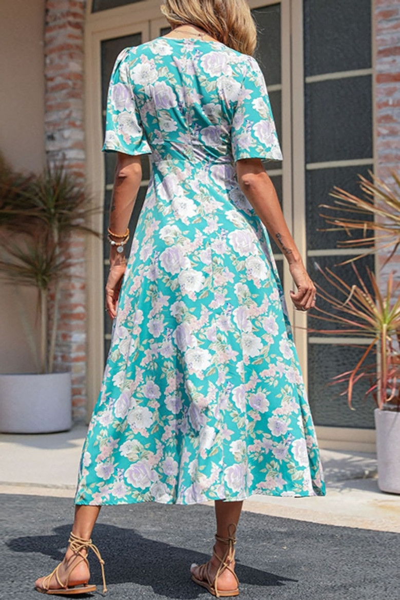Summer New Stylish Inelastic Flower Batch Printing Short Sleeves V-Neck Zip-Up Casual Midi Dress