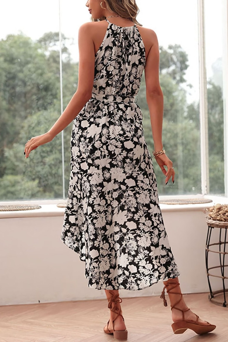 Summer New Stylish Inelastic Flower Batch Printing Sleeveless Halter-Neck Irregular Casual Midi Dress With Belt