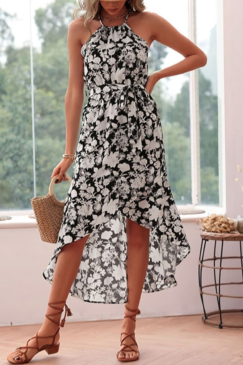 Summer New Stylish Inelastic Flower Batch Printing Sleeveless Halter-Neck Irregular Casual Midi Dress With Belt