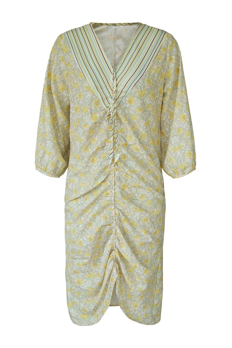 Summer New Stylish Inelastic Flower Batch Printing V-Neck Drawstring Split Three-Quarter Sleeves Casual Midi Dress