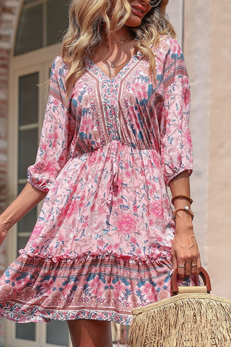 Summer New Stylish Inelastic Flower Batch Printing V-Neck Lace-Up Backless Casual Mini Dress