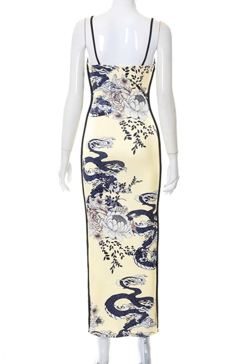 Summer New Stylish Irregular Printing Low-Cut Backless Stretch Slim Sling Sexy Maxi Dress