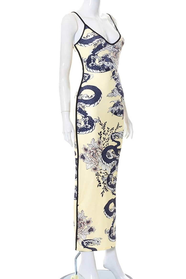 Summer New Stylish Irregular Printing Low-Cut Backless Stretch Slim Sling Sexy Maxi Dress