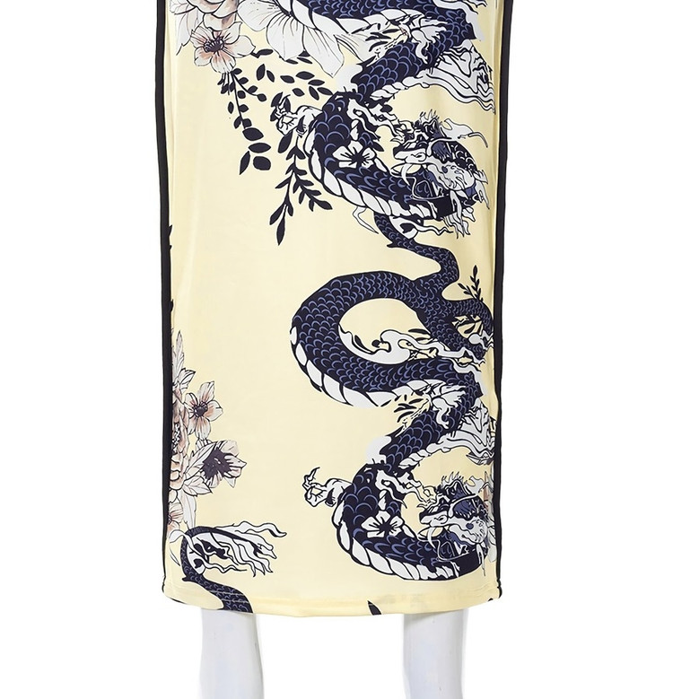 Summer New Stylish Irregular Printing Low-Cut Backless Stretch Slim Sling Sexy Maxi Dress