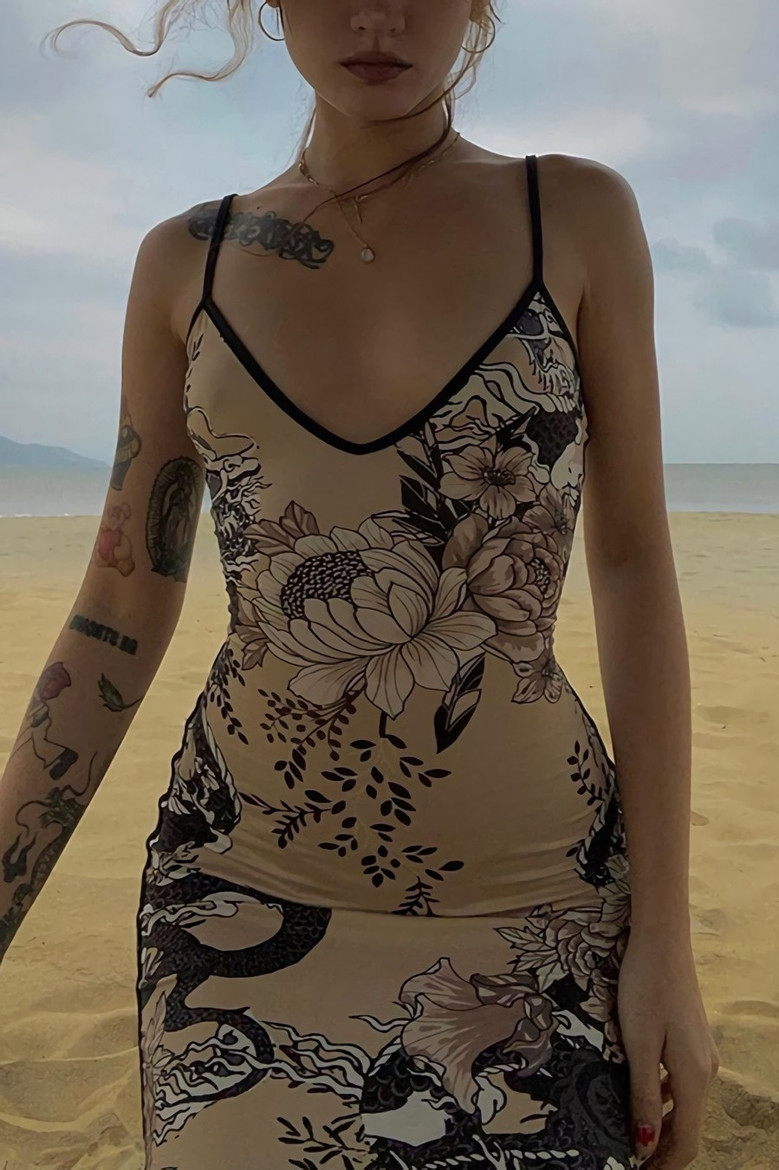 Summer New Stylish Irregular Printing Low-Cut Backless Stretch Slim Sling Sexy Maxi Dress