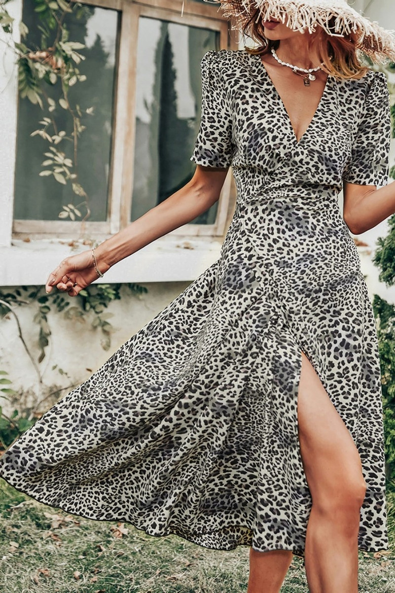 Summer New Stylish Leopard Print V-Neck High Slit Short Sleeve Sexy Midi Dress