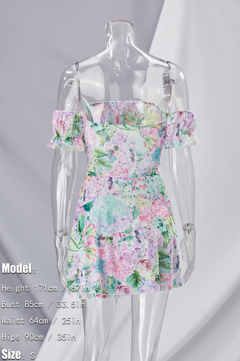 Summer New Stylish Mesh Stretch Flower Batch Printing Off-The-Shoulder Backless Sexy Mini Dress Dresses