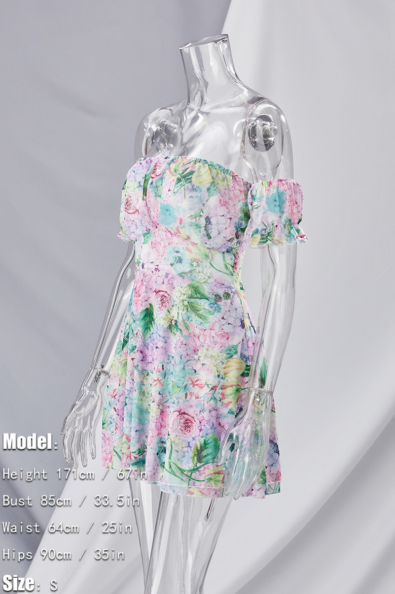 Summer New Stylish Mesh Stretch Flower Batch Printing Off-The-Shoulder Backless Sexy Mini Dress Dresses