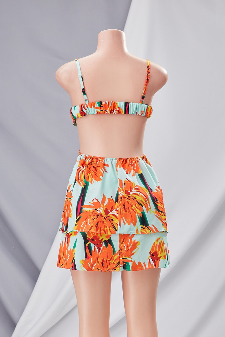 Summer New Stylish Micro Elastic Batch Printing Hollow Lace-Up Sling Backless Zip-Up Sexy Mini Dress