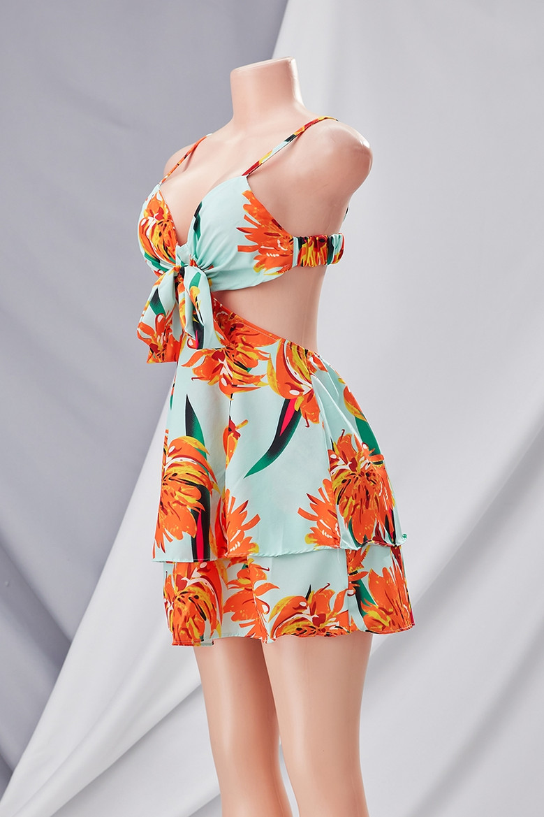 Summer New Stylish Micro Elastic Batch Printing Hollow Lace-Up Sling Backless Zip-Up Sexy Mini Dress