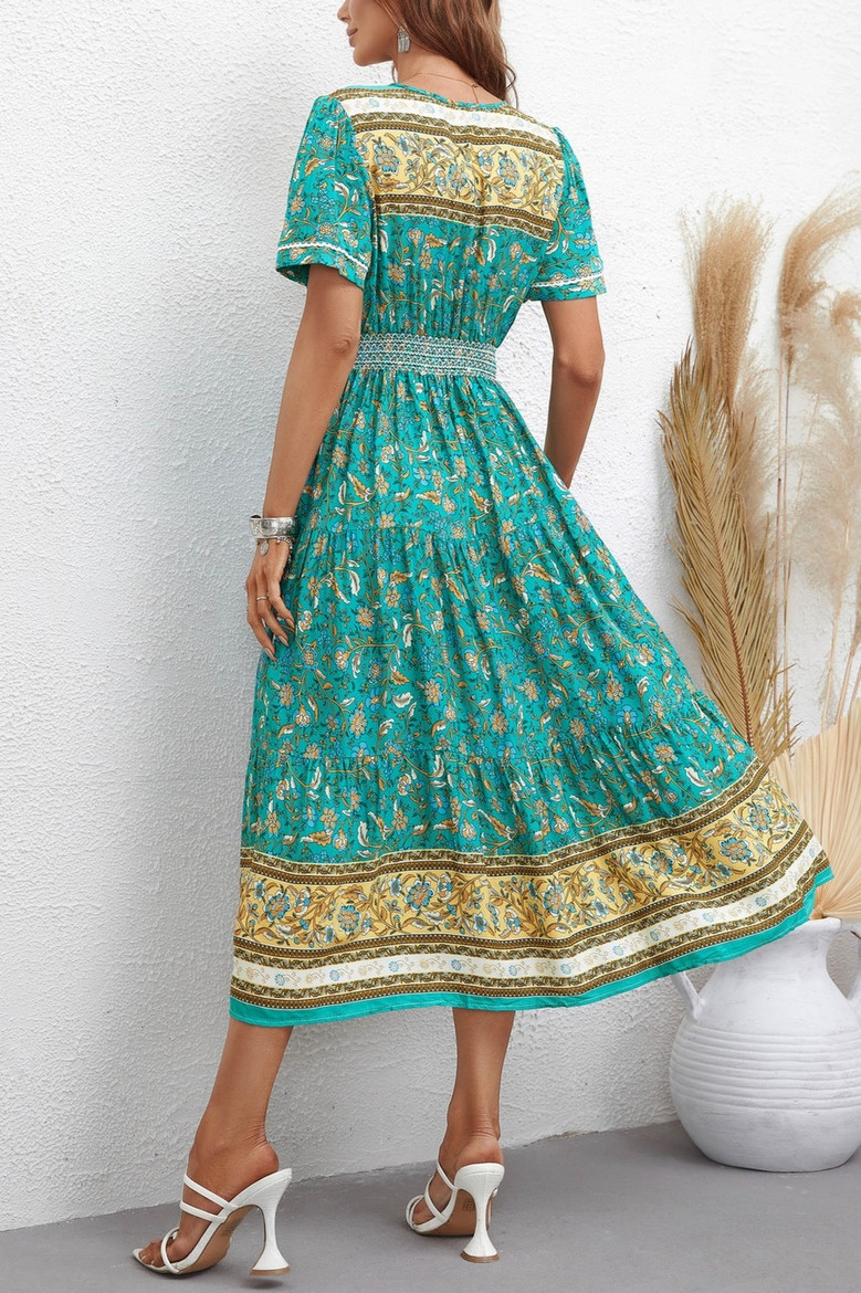 Summer New Stylish Micro Elastic Floral Batch Printing Single-Breasted Short Sleeves V-Neck Casual Midi Dress