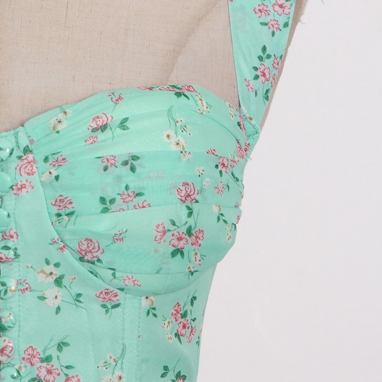 Summer New Stylish Micro Elastic Floral Batch Printing Sleeveless Single-Breasted Hollow Shirring Split Sling Zip-Up High Quality Sexy Midi Dress