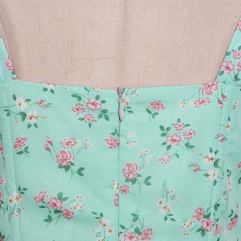 Summer New Stylish Micro Elastic Floral Batch Printing Sleeveless Single-Breasted Hollow Shirring Split Sling Zip-Up High Quality Sexy Midi Dress
