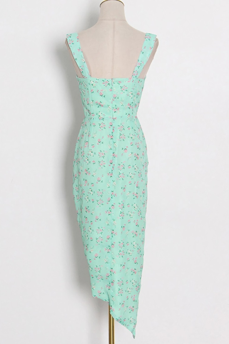 Summer New Stylish Micro Elastic Floral Batch Printing Sleeveless Single-Breasted Hollow Shirring Split Sling Zip-Up High Quality Sexy Midi Dress