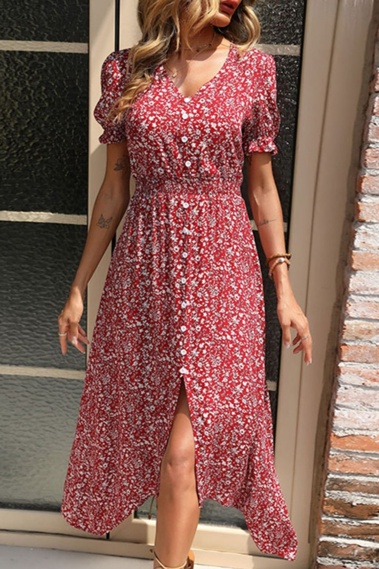 Summer New Stylish Micro Elastic Floral Batch Printing V-Neck Single-Breasted Split Casual Midi Dress