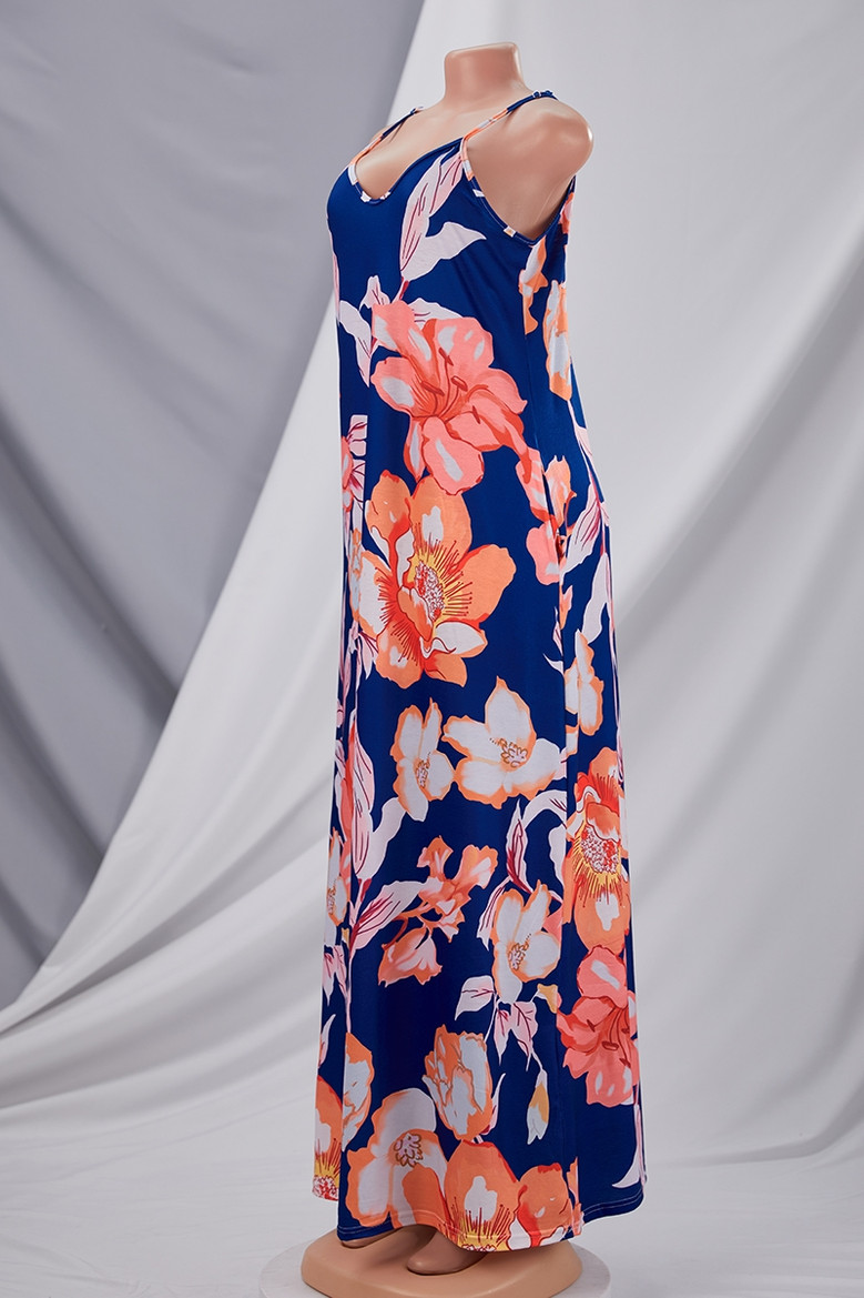 Summer New Stylish Multicolor Batch Printing Sleeveless Sling Stretch Pocket Plus Size Loose Casual Maxi Dress