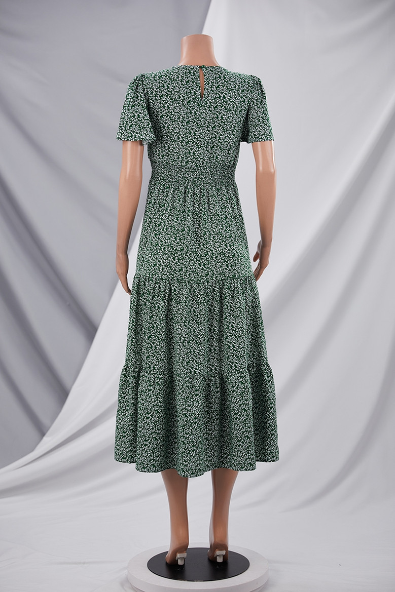 Summer New Stylish Simple Batch Printing Inelastic Short Sleeve Pleated Casual Maxi Dress