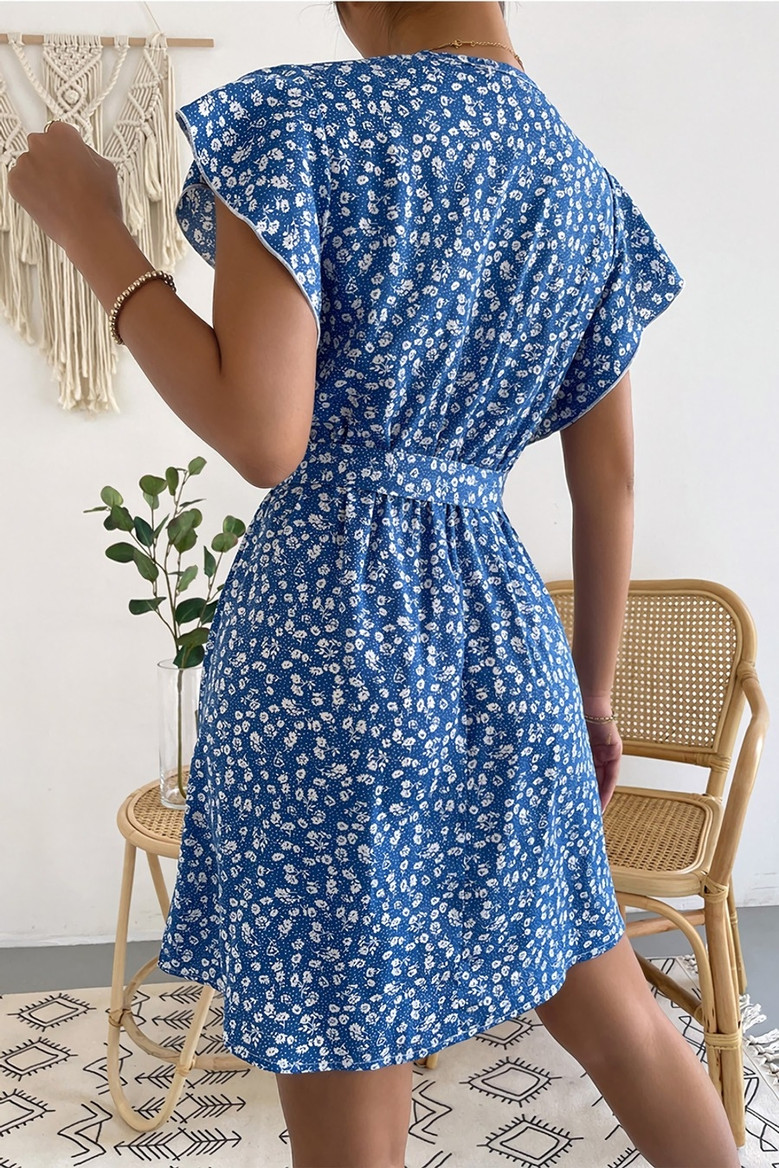 Summer New Stylish Simple Batch Printing Inelastic V-Neck Casual Midi Dress(With Belt)
