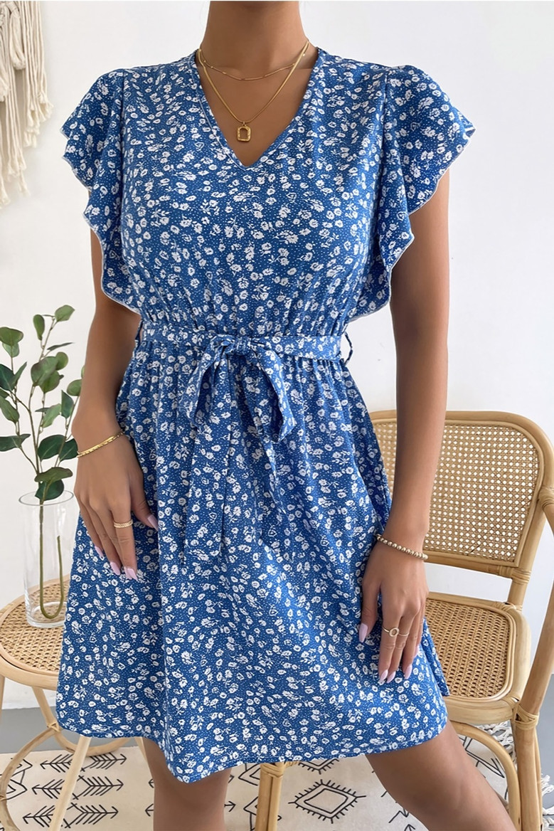 Summer New Stylish Simple Batch Printing Inelastic V-Neck Casual Midi Dress(With Belt)