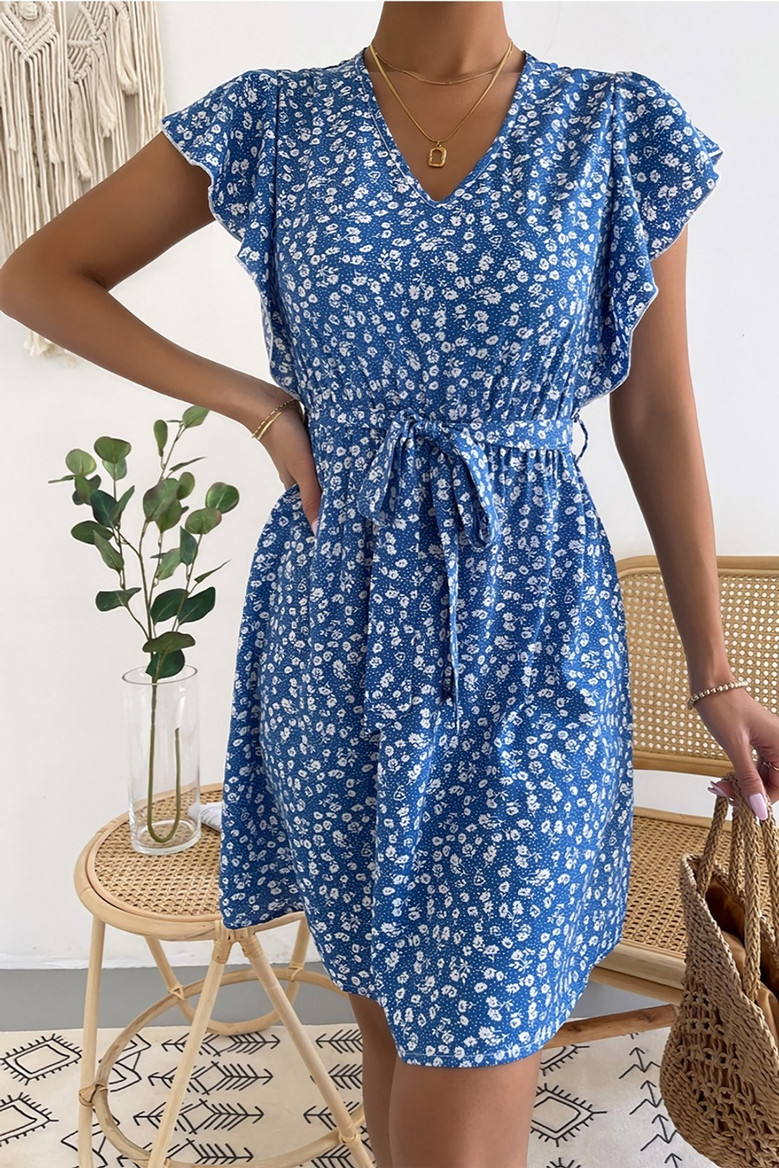 Summer New Stylish Simple Batch Printing Inelastic V-Neck Casual Midi Dress(With Belt)