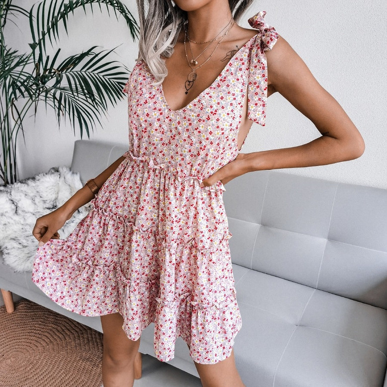 Summer New Stylish Simple Inelastic Lace-Up V-Neck Casual Mini Dress