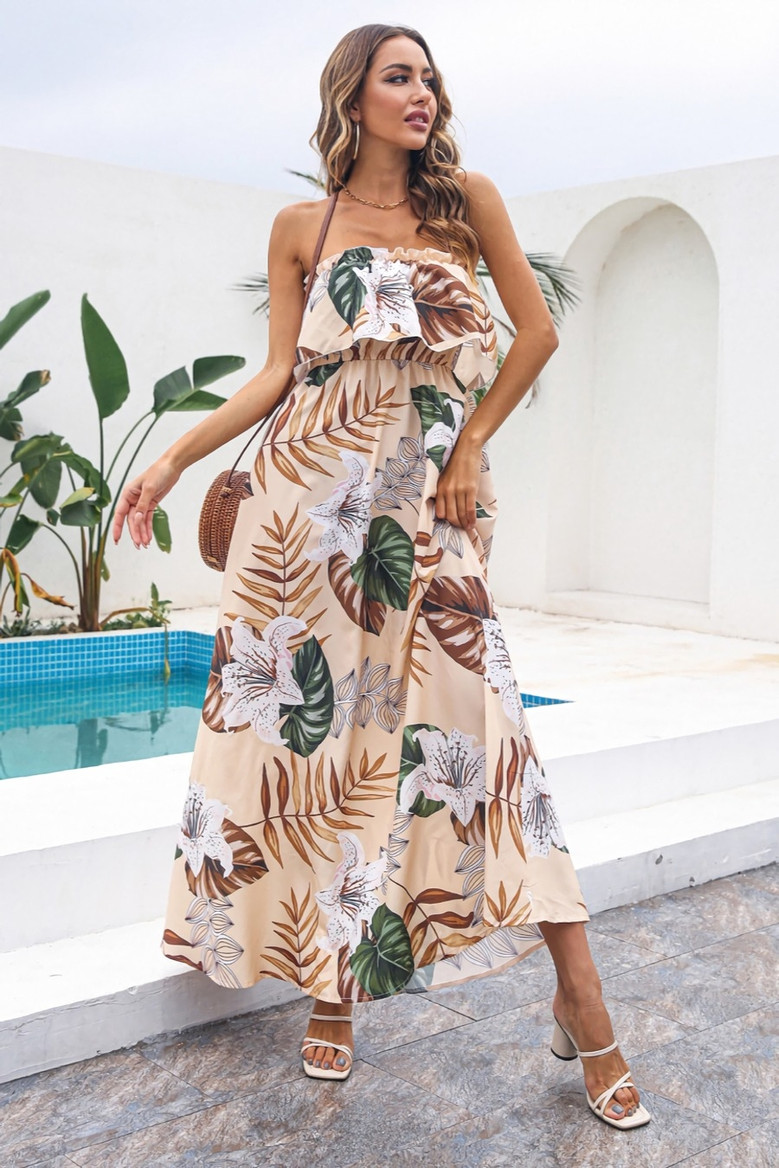 Summer New Stylish Simple Multicolor Batch Printing Inelastic Strapless Loose Casual Maxi Dress